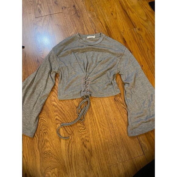 Lush women's grey flared sleeve with corset tie bottom pullover sweater size XS - Picture 1 of 7